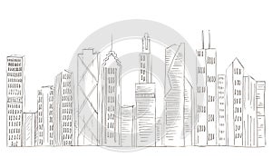 Illustration of sketch drawing black contour of skyline cities on a isolated background.