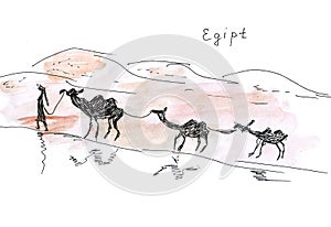 Illustration sketch of Egypt landmarks drover with a camel caravan in the desert sands