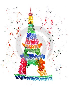 Illustration sketch of the famous symbol of Paris Eiffel Tower, in a spray of fireworks