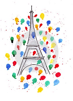 Illustration sketch of the famous symbol of Paris Eiffel Tower, in a spray of fireworks, colored balloons and drops watercolor