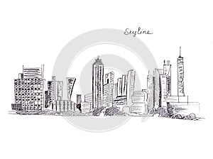 Illustration sketch landmarks of the city skyline with tall skyscrapers and other buildings