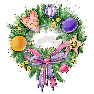 Illustration sketch with markers botany christmas christmas decoration decor floral wreath with spruce branches and colored toys