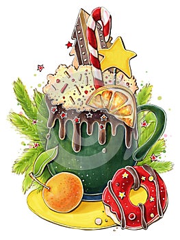 Illustration sketch with markers cartoon style new year and christmas delicious food desset coffee with whipped cream and