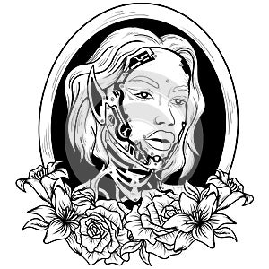 illustration sketch monochrome art robotic girl with lili flower frame charachter tattoo and tshirt design