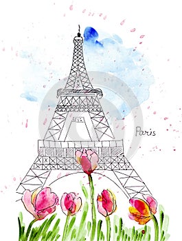 Illustration sketch sights of Paris: the Eiffel Tower and the bright fresh flowers , tulips in front of her