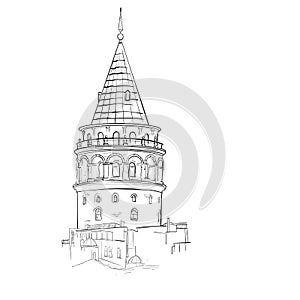 Illustration sketch with the silhouette of the Galata tower in Istanbul. Isolated black contour on a white background.