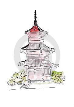 Illustration sketching Chinese ancient carved temples with carved tiered sloping roofs