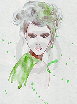 Illustration sketching expressive fashion girl portrait painted in watercolor with some splashes