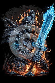 An illustration of skull warrior, ancient horrifying ghost warrior, lich king, or fantasy and game character with magical aura.