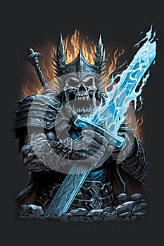 An illustration of skull warrior, ancient horrifying ghost warrior, lich king, or fantasy and game character with magical aura.