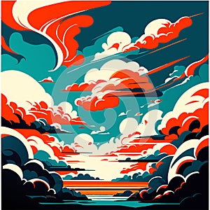 Illustration of the sky with clouds in retro style. Vector illustration. Generative AI