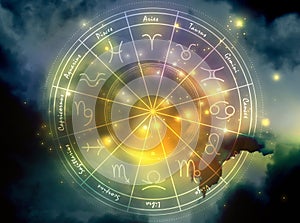 Illustration of sky with stars and zodiac wheel