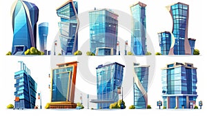 An illustration of skyscrapers and modern architecture. There are office towers with glass windows, hotel towers, litter