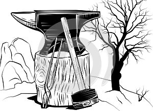 Illustration with a sledge hammer and an anvil on