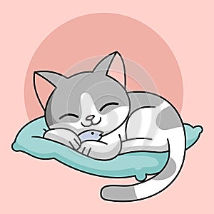 illustration of a sleeping cat mascot hugging a fish