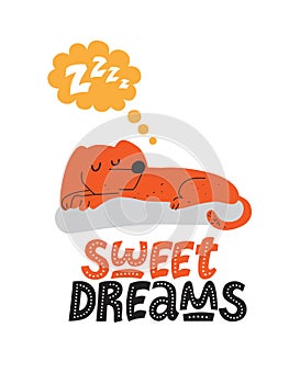 Illustration of a Sleeping dog in cartoon style. Lettering hand drawn Sweet dreams in cartoon style