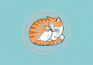 Illustration of a sleeping orange and white tabby cat on a light blue background. The cat is curled