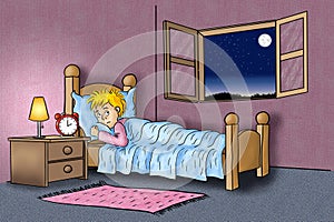 illustration of sleepless man lying in his bed and can not fall asleep