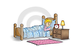illustration of sleepless man lying in his bed and can not fall asleep