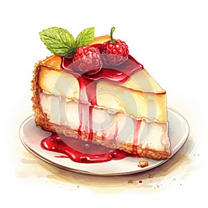 Illustration of a slice of cheesecake with raspberries and mint. Watercolor illustration