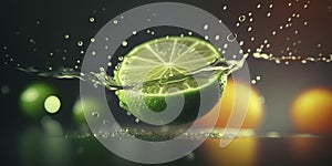 Refreshing lime water splash with bokeh effect, AI illustration