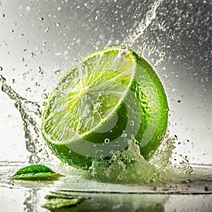 Illustration of sliced lime fruit amidst splashing water reflecting on the surface. Generative Ai