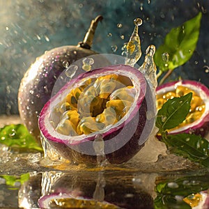 Illustration of sliced passion fruit amidst splashing water, with a whole, reflecting on the surface. Generative Ai