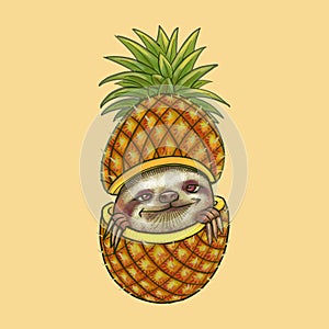 Illustration of a sloth in pineapple