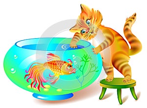 Illustration of sly cat who wants to catch the fish from aquarium.