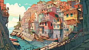 Illustration of the small fishing village of Riomaggiore, Cinque Terre, Italy