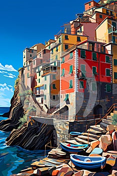 Illustration of the small fishing village of Riomaggiore, Cinque Terre, Italy