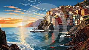 Illustration of the small fishing village of Riomaggiore, Cinque Terre, Italy