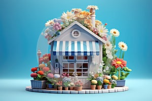 Illustration of small flower shop with flowers in pots on blue background
