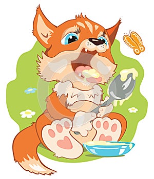 Illustration a small fox eating porridge.