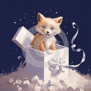 Illustration of a small fox in a white box with a bow, navy blue background. Gifts as a day symbol of present and