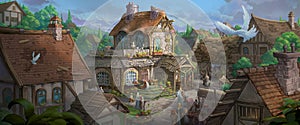 An illustration of the small medieval fantasy garden house in a town.