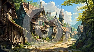 An illustration of the small medieval fantasy village. Medieval Fantasy