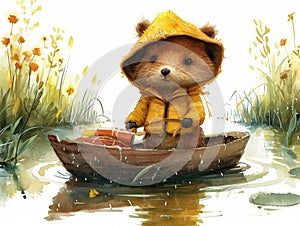 Illustration of a small teddy bear in a boat