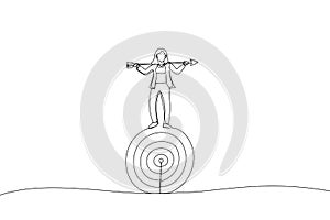 Illustration of smart businesswoman balance and control rotating archery target with arrow hitting bullseye. Metaphor for result photo