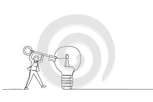 Illustration of smart businesswoman holding big key about to insert into key hold on lightbulb idea lamp. Metaphor for business