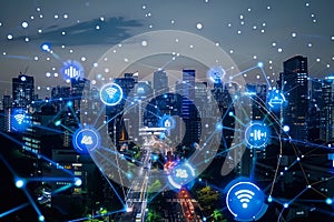 Illustration of smart city with holograms communication, network concept photo