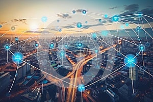 Illustration of smart city with holograms communication, network concept photo