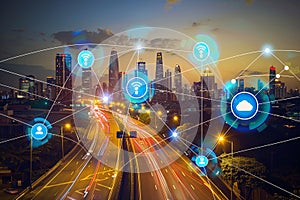 Illustration of smart city with holograms communication, network concept photo