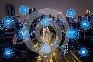 Illustration of smart city with holograms communication, network concept photo