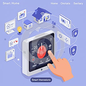 Illustration of a smart home system with a touchscreen control panel in the