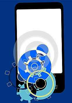 Illustration of a smart phone and blue gears.