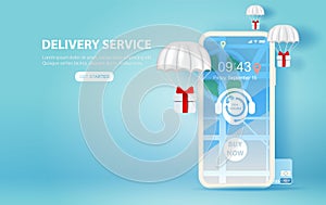 Illustration of smartphone with Online delivery service GPS application concept.Parachute gift box fly air Paper cut and craft