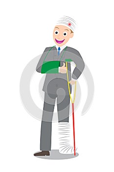 Illustration of smile injured businessman in bandages with crutches cartoon