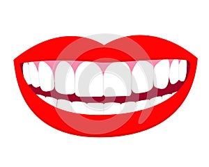 Illustration of smile mouth with perfect white teeth and red lips. Vector isolated elements