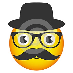 Illustration of a smiley face with a hat, glasses and a mustache
